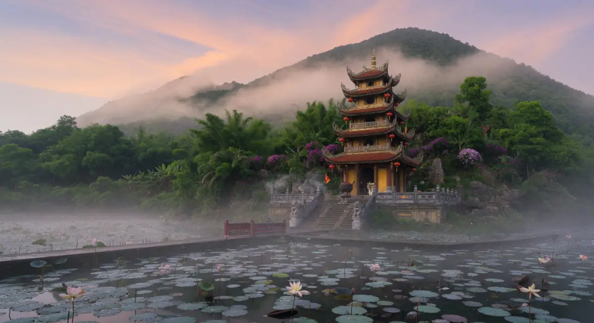 Chú thích: Chùa Hương thanh tịnh trong sương sớm tháng 5