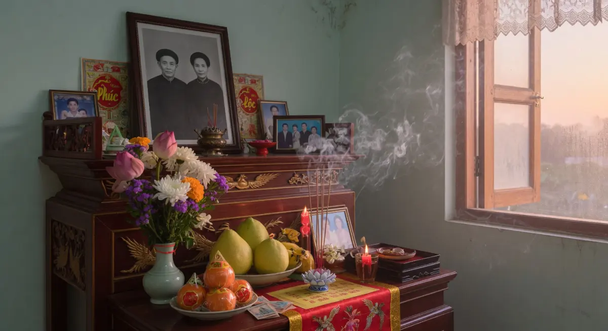 Bàn thờ gia tiên thanh tịnh lúc bình minh với khói hương nhẹ nhàng và hoa tươi