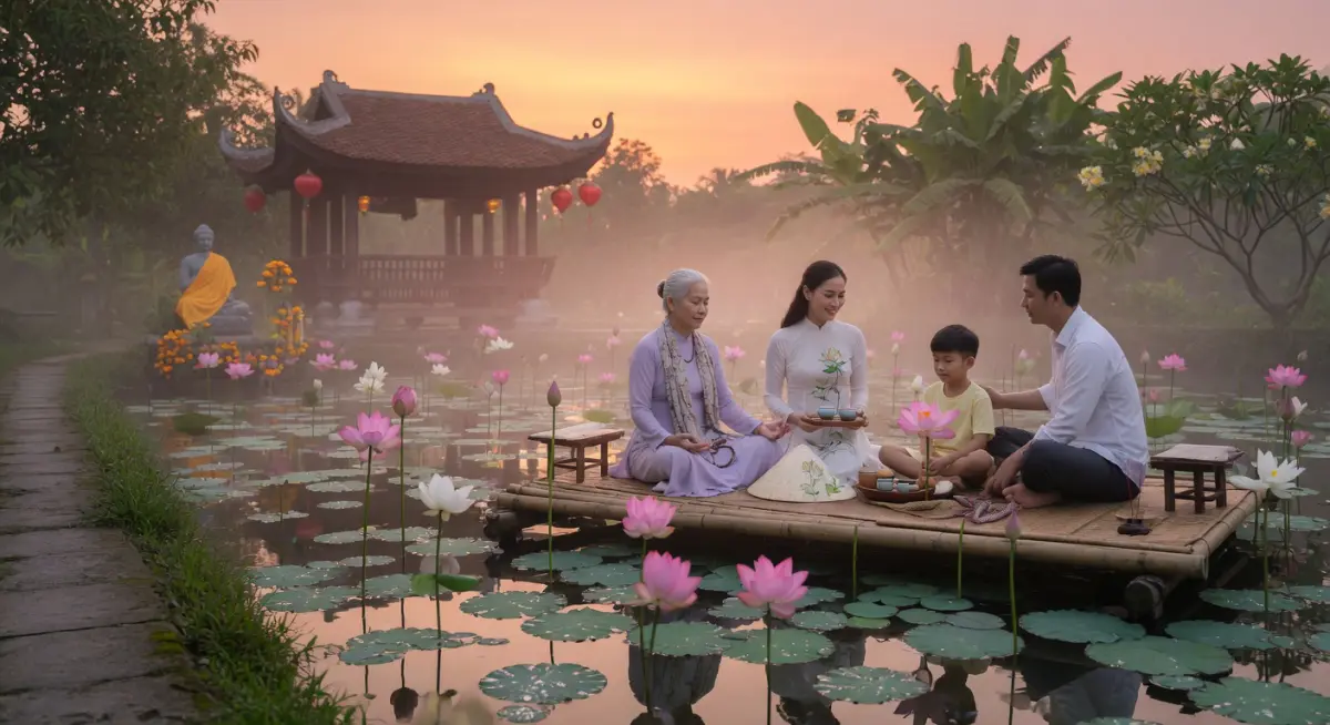 Gia đình Việt Nam ngồi bên hồ sen lúc bình minh, thể hiện sự hòa hợp và chánh niệm