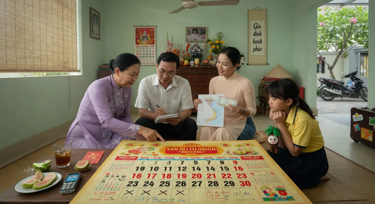 Chú thích: Gia đình đang xem lịch vạn sự để chọn ngày tốt xuất hành dịp lễ 1/5
