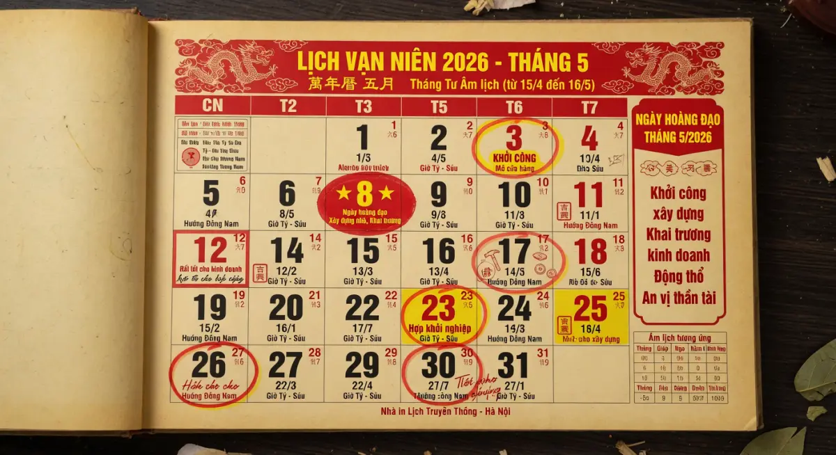 Lịch vạn niên tháng 5 năm 2026 với các ngày tốt được đánh dấu rõ ràng