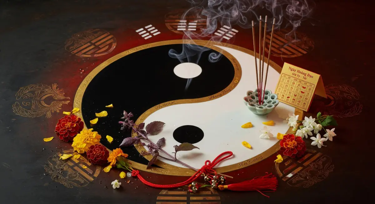 Minh họa biểu tượng âm dương kết hợp phong thủy cho giờ hoàng đạo