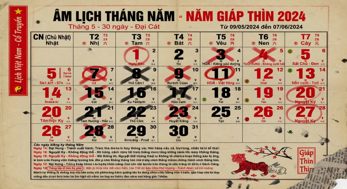 Minh họa trang lịch âm tháng 5 với các ngày hắc đạo được đánh dấu rõ ràng