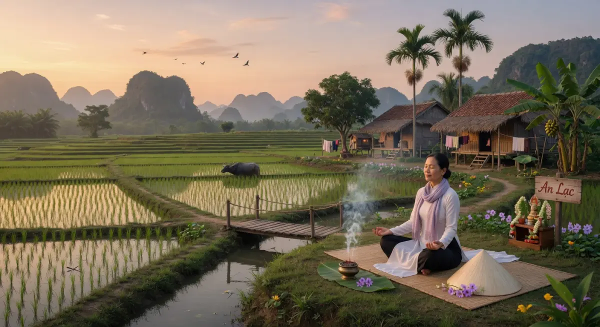 Hình ảnh phong cảnh thanh bình thể hiện sự cân bằng tâm linh và phong thủy