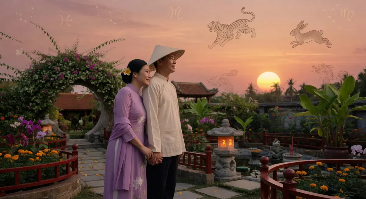 Cặp đôi Việt Nam nắm tay nhau trong vườn truyền thống tháng 5