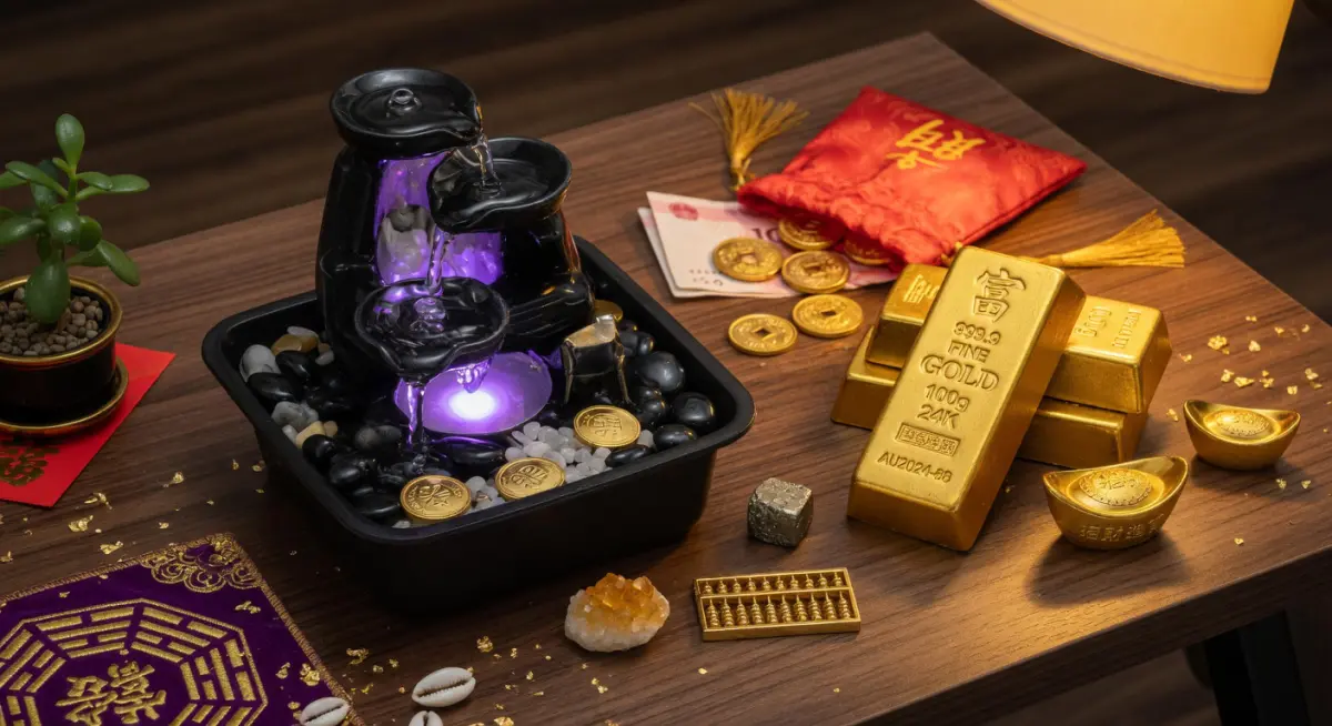 Góc tài lộc trên bàn làm việc với đài phun nước mini