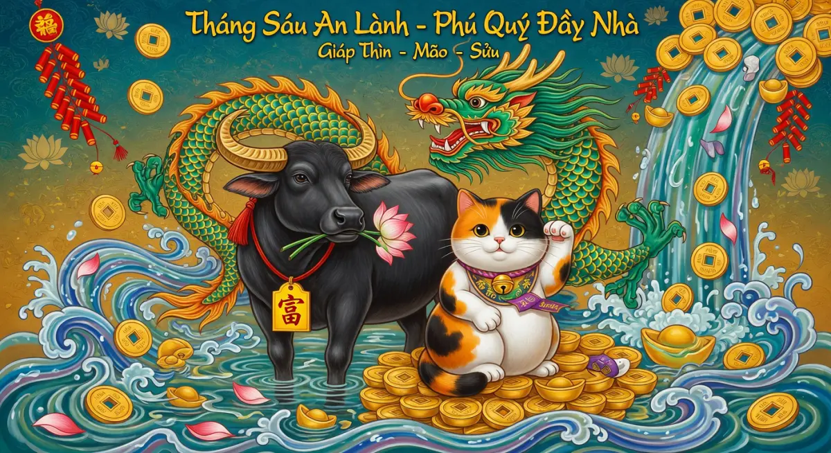 Hình ảnh ba con giáp may mắn với biểu tượng tiền tài rực rỡ tháng 6