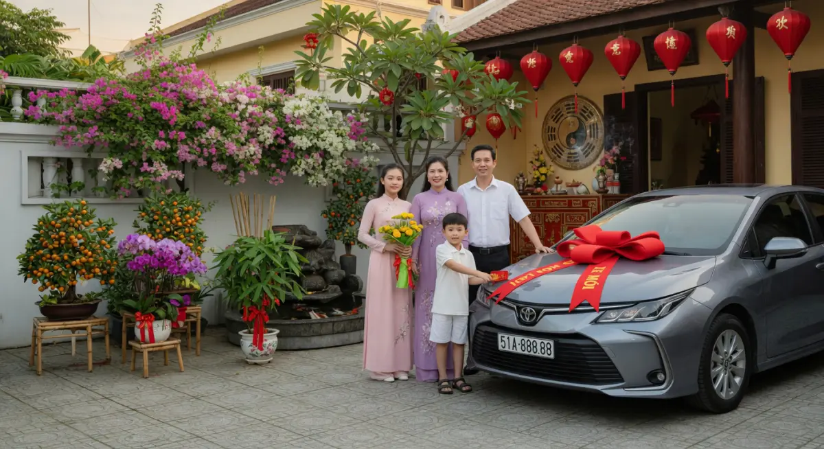 Hình ảnh gia đình Việt Nam bên chiếc xe mới trong không gian sân vườn mang đậm nét phong thủy