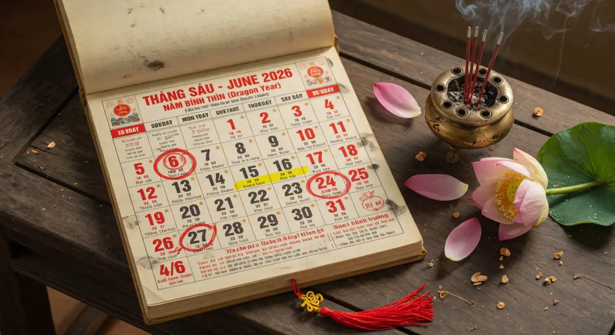 Lịch vạn sự truyền thống mở ra trang tháng 6 năm 2026 với các ngày tốt được đánh dấu