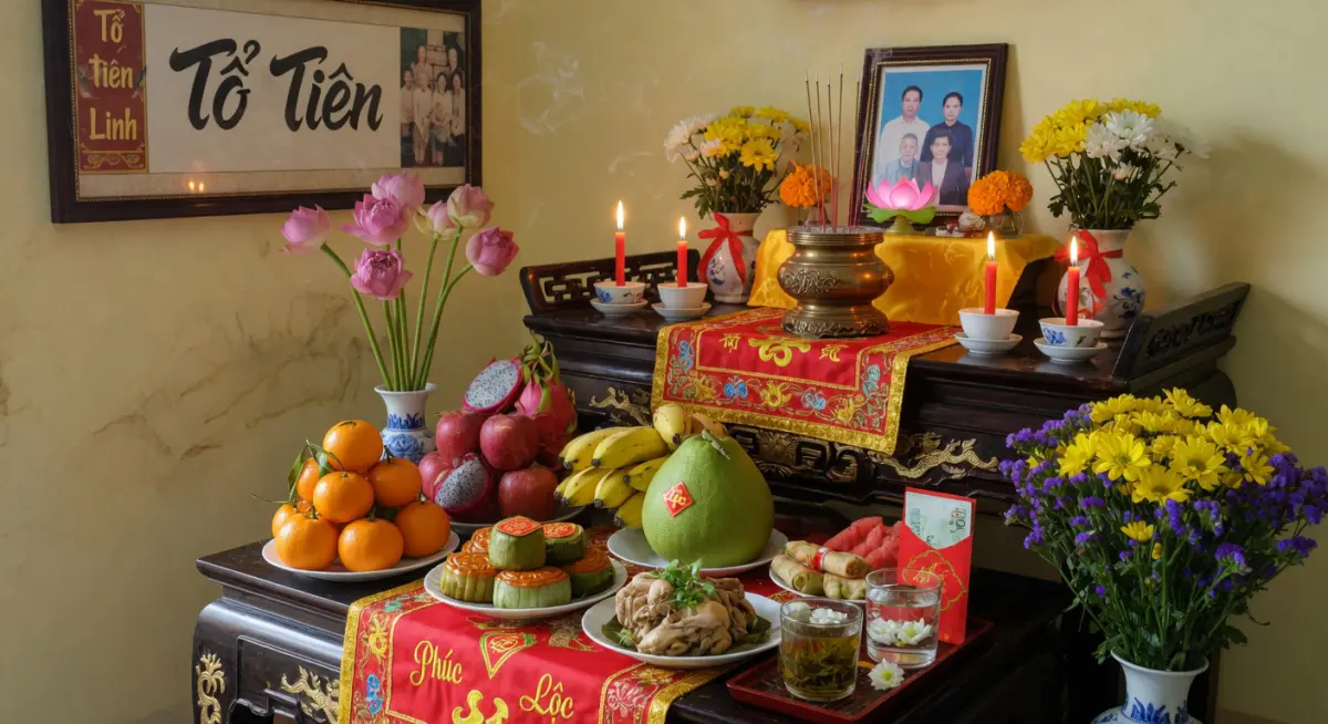 Bàn thờ gia tiên được sắm lễ mùng 1 tháng 6