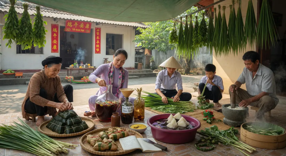 Gia đình Việt Nam chuẩn bị rượu ngải và bánh ú trong ngày Tết Đoan Ngọ