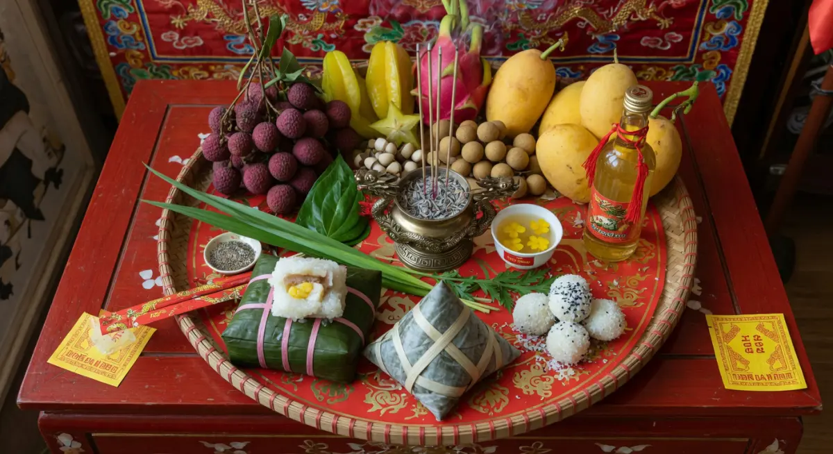 Mâm cúng Tết Đoan Ngọ đầy đủ với ngũ quả, bánh ú, rượu nếp và hương hoa
