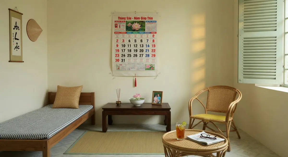 Hình ảnh minh họa không gian sống thanh tịnh với lịch âm tháng 6 treo tường
