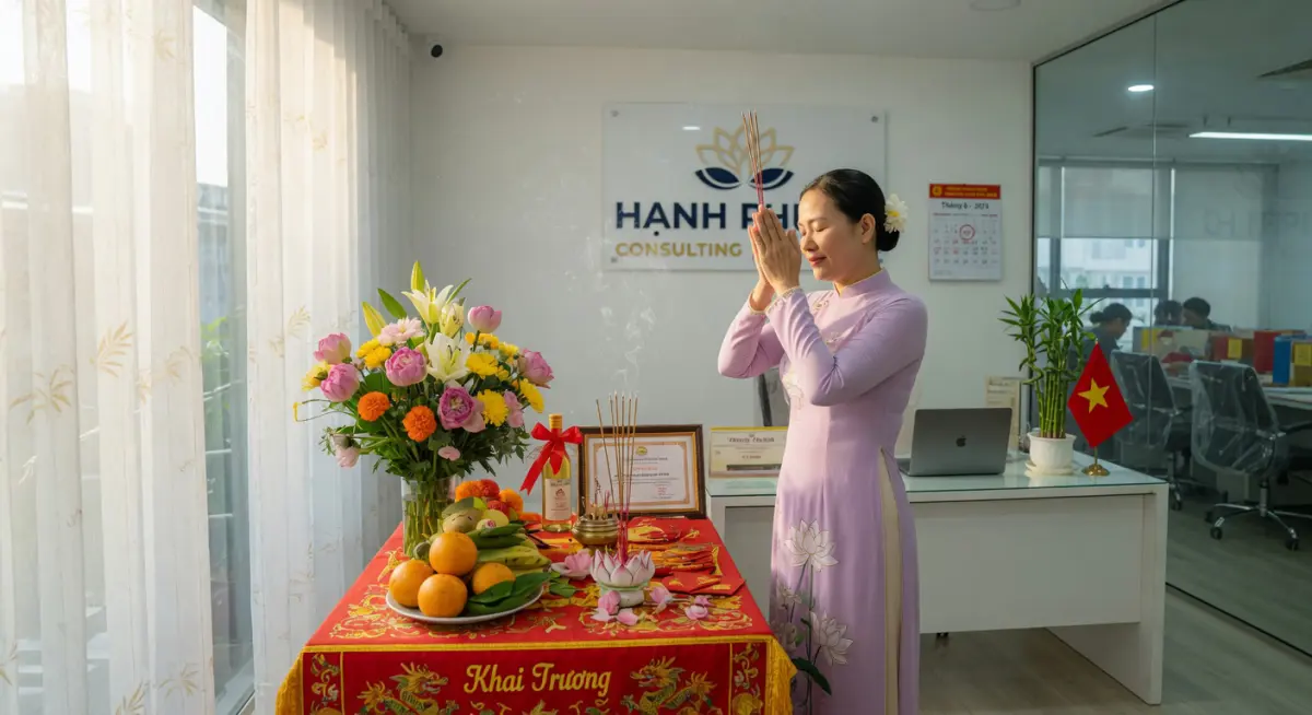 Hình ảnh chủ doanh nghiệp thực hiện nghi thức khai trương trang trọng trong không gian văn phòng hiện đại
