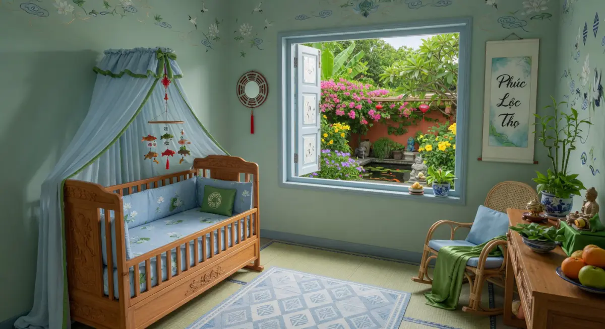 Chú thích ảnh: Không gian phòng bé được bài trí theo phong thủy để cân bằng năng lượng mùa hạ