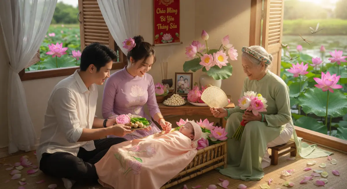 Chú thích: Khoảnh khắc gia đình hạnh phúc đón bé sinh tháng 6 giữa hương sen dịu mát