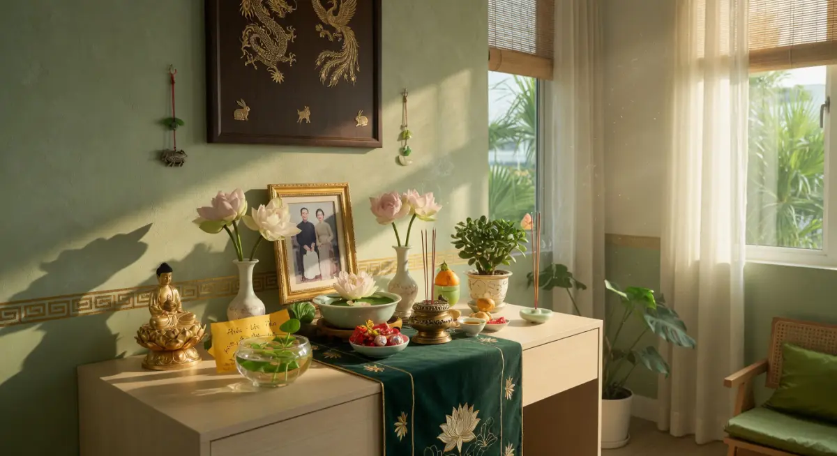 Hình minh họa bàn thờ phong thủy thanh tịnh với tông màu vàng nhạt và xanh lá, ánh nắng dịu nhẹ chiếu qua cửa sổ