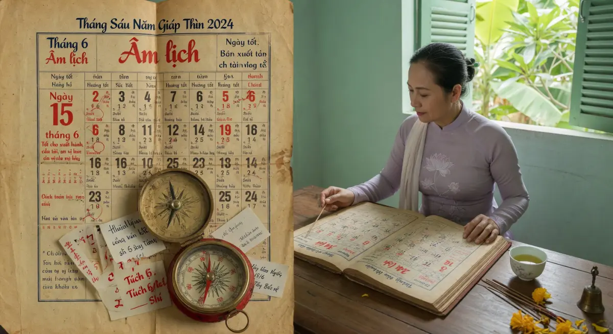Minh họa người tra cứu lịch vạn sự và chọn hướng xuất hành tháng 6