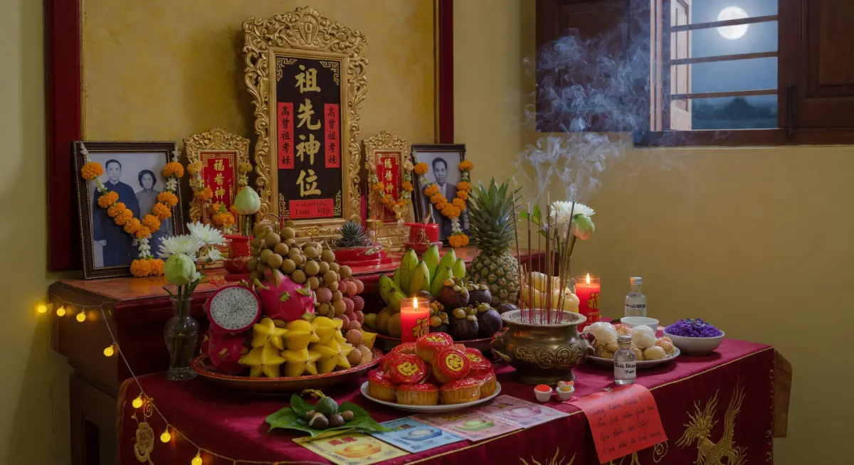 Bàn thờ gia tiên trang trọng chuẩn bị cúng Rằm tháng 6