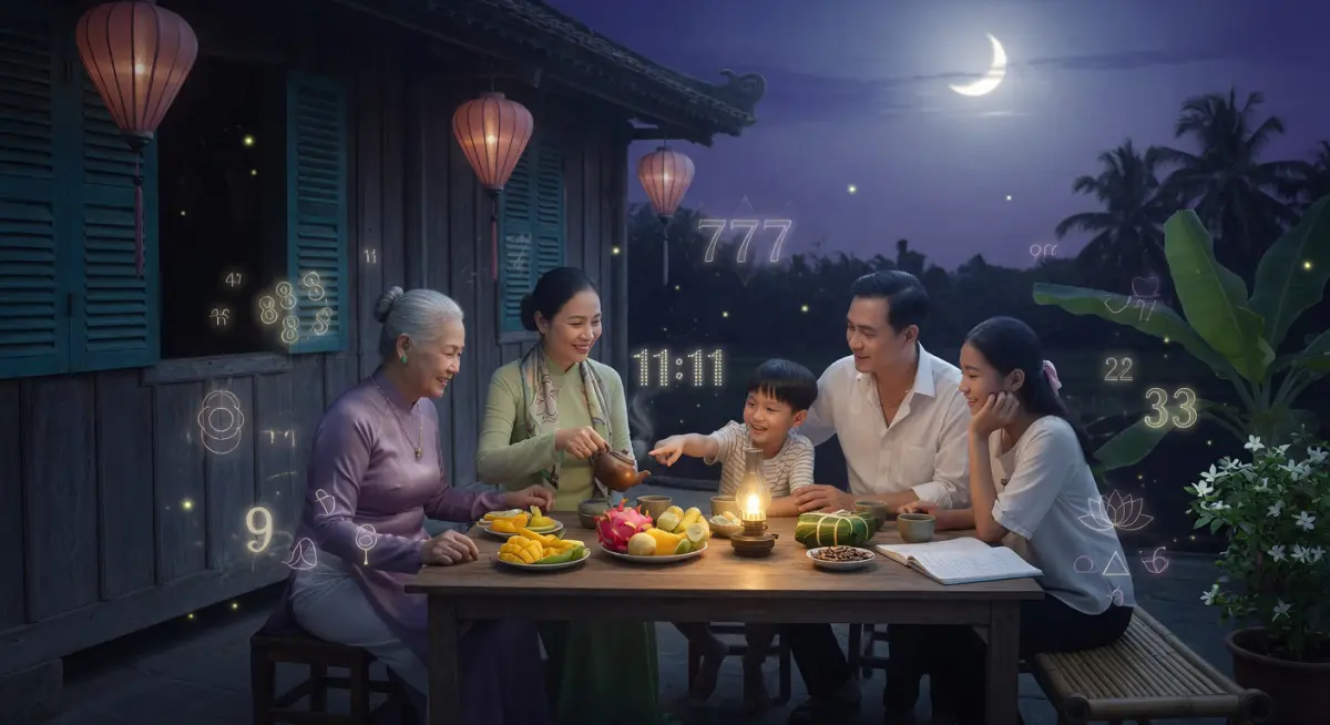 Hình ảnh gia đình Việt Nam sum vầy dưới ánh trăng dịu nhẹ, bao quanh bởi biểu tượng thần số học tinh tế