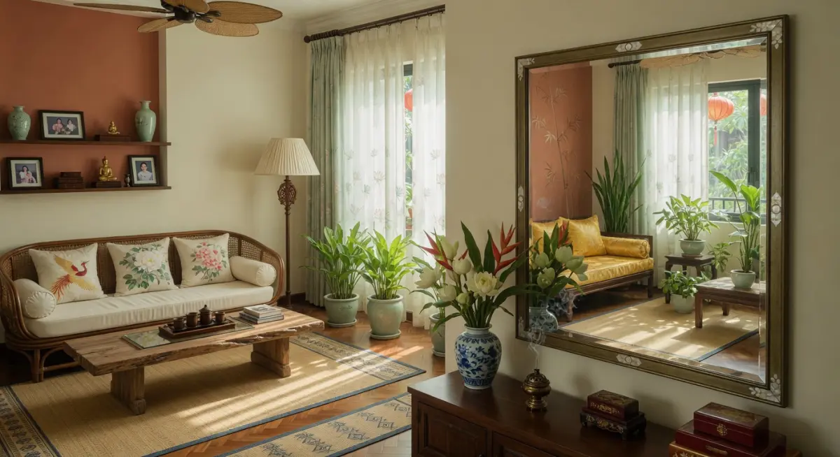 Minh họa cách đặt gương trong phòng khách theo phong thủy