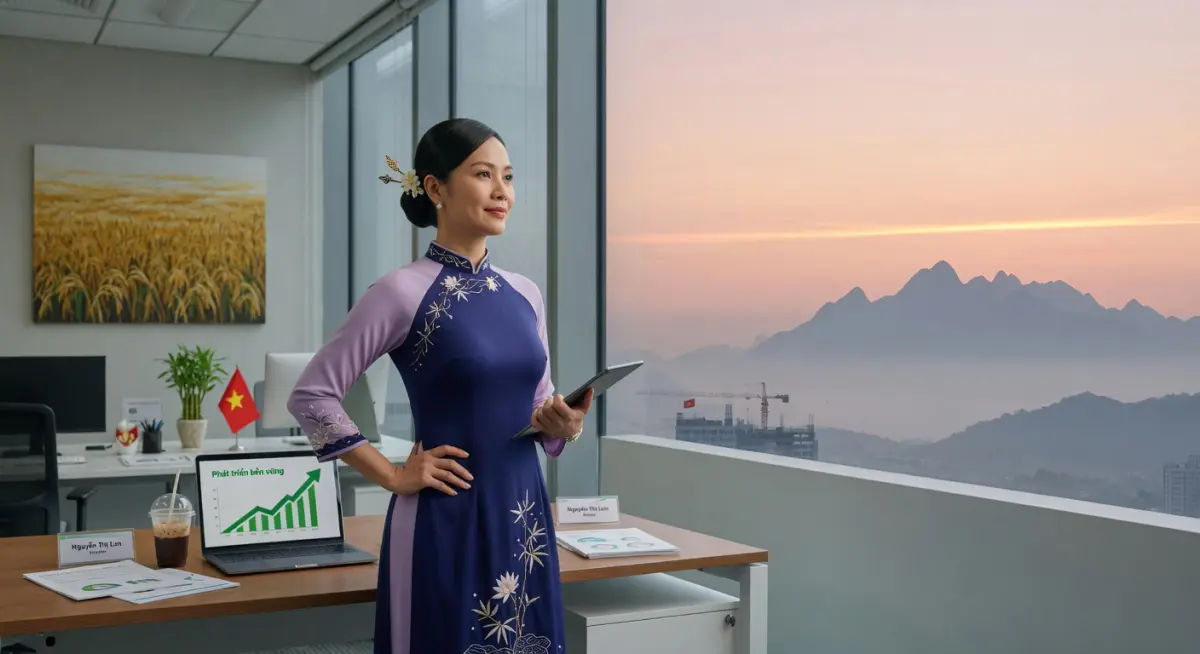 Hình minh họa: Người tuổi Sửu thành đạt trong không gian làm việc hiện đại với ánh bình minh từ phương xa