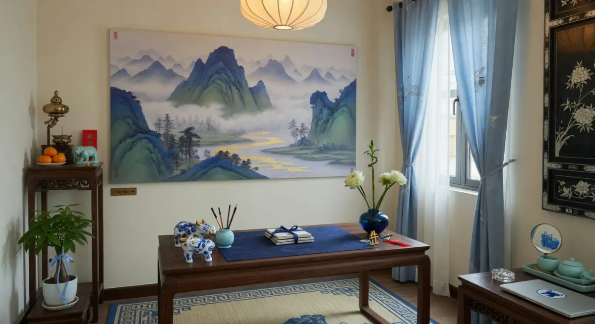 Hình minh họa: Bố trí phong thủy không gian làm việc với tranh núi non hướng Tây Bắc, mang lại may mắn cho tuổi Sửu