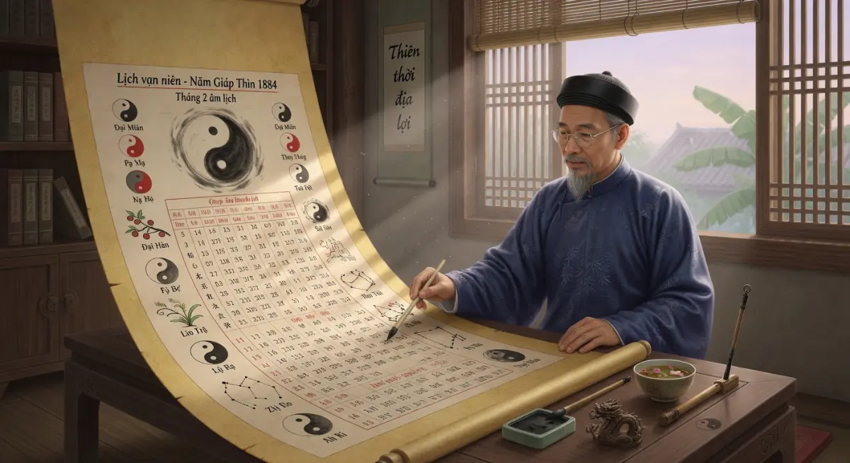 Minh họa tra cứu lịch vạn niên theo phong thủy cổ truyền
