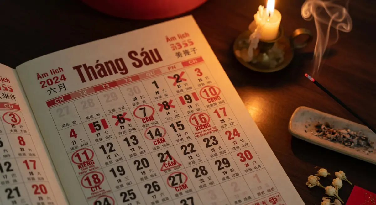 Lịch âm tháng 6 với các ngày Sát Chủ và Nguyệt Kỵ được đánh dấu rõ ràng