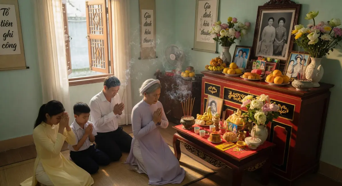 Gia đình Việt Nam đang thắp hương cầu bình an trong ngày lành