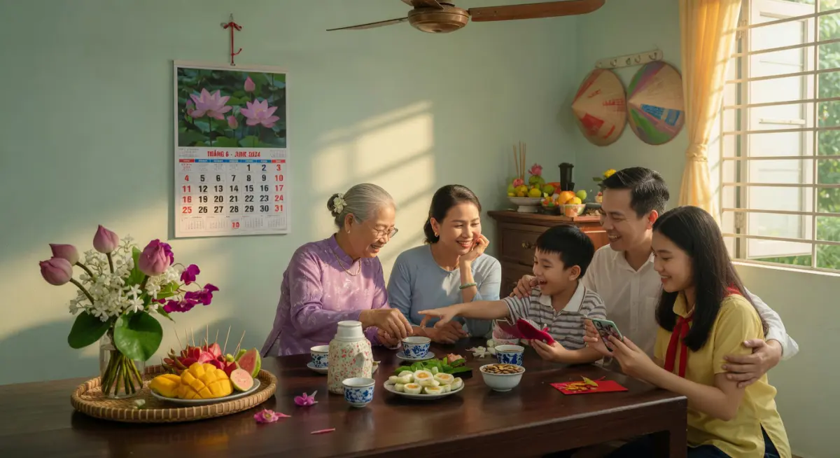 Chú thích: Gia đình sum vầy trao lời chúc đầu tháng 6