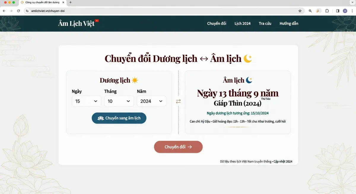 Giao diện công cụ đổi ngày âm dương trên lich247.com
