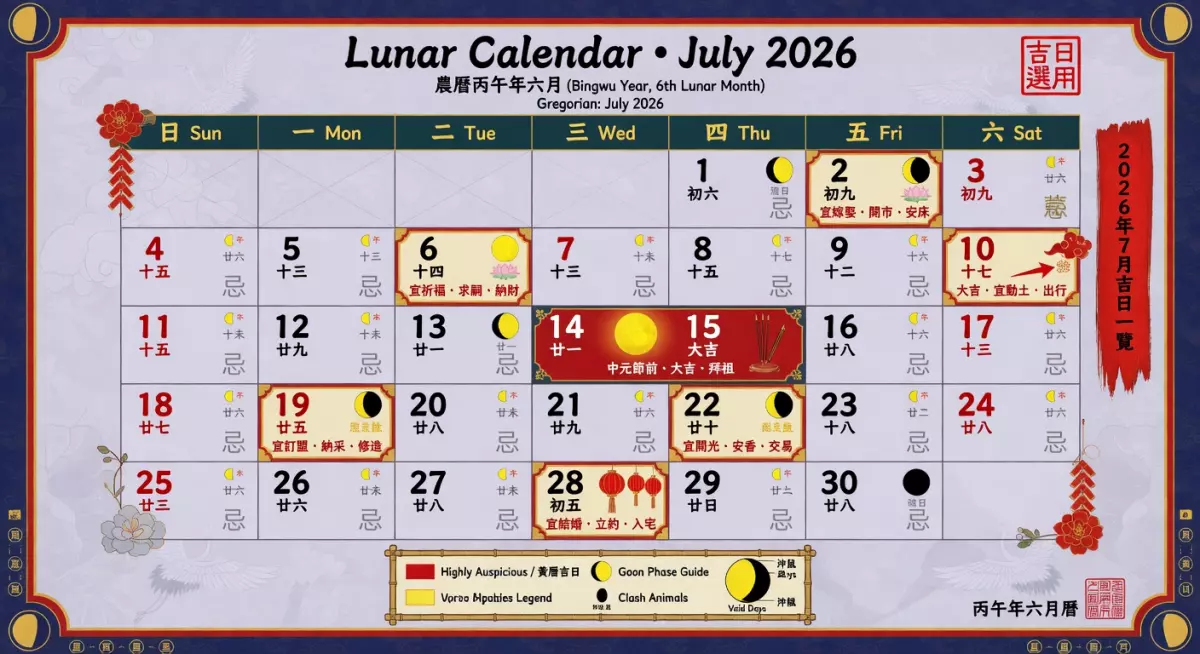 Hình minh họa lịch âm tháng 7 năm 2026 chi tiết với các ngày tốt được đánh dấu
