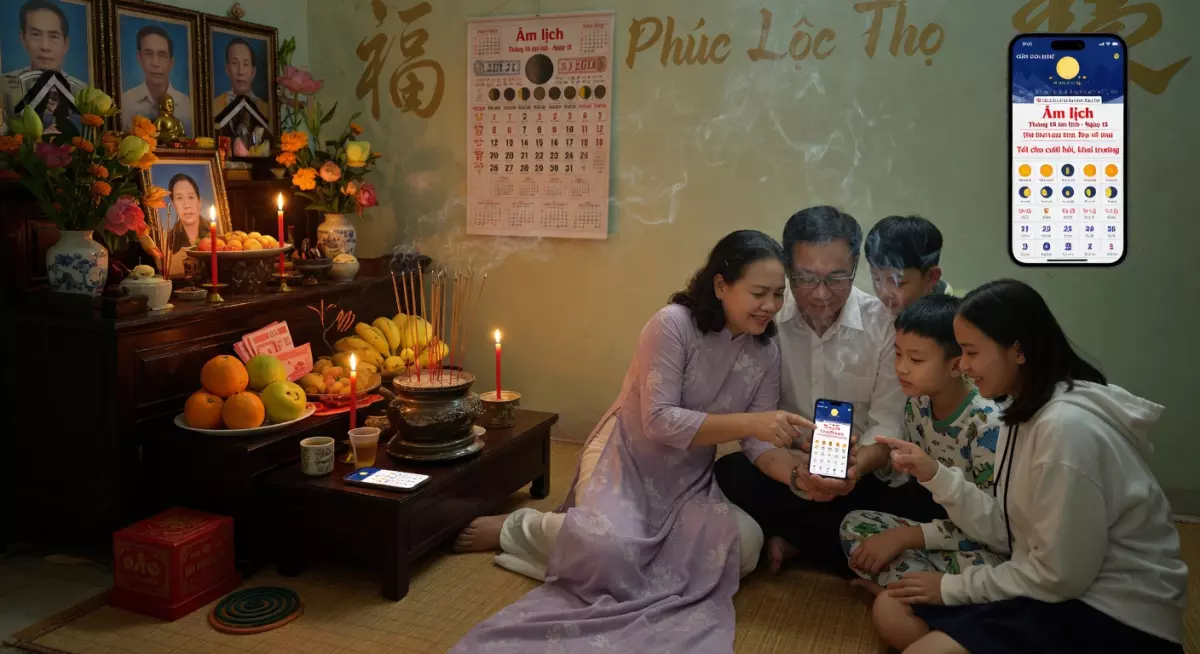Hình ảnh gia đình Việt Nam đang xem lịch âm trên điện thoại bên bàn thờ gia tiên