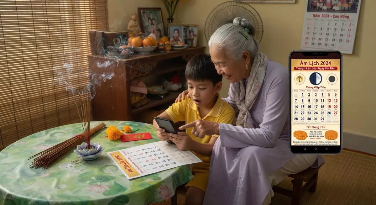 Hình ảnh ông bà đang hướng dẫn cháu xem lịch âm trên điện thoại bên cạnh bàn thờ gia tiên